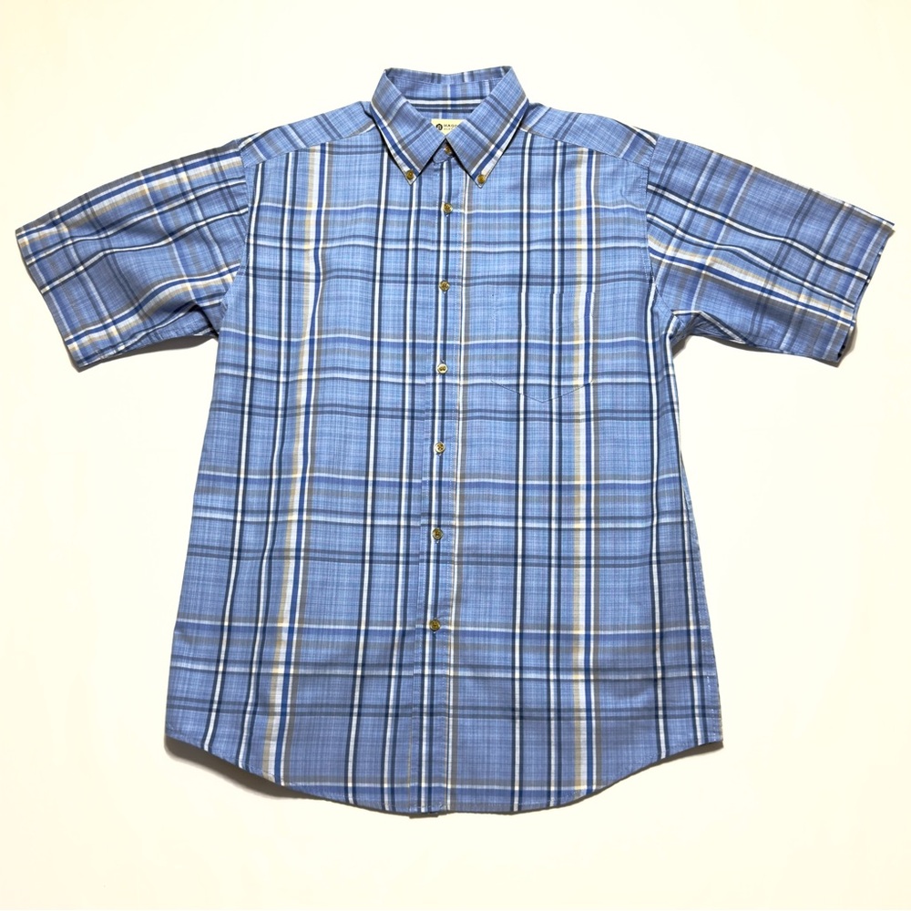 Haggar Light Blue Plaid Checkered Short Sleeve Size M Shirt Excellent